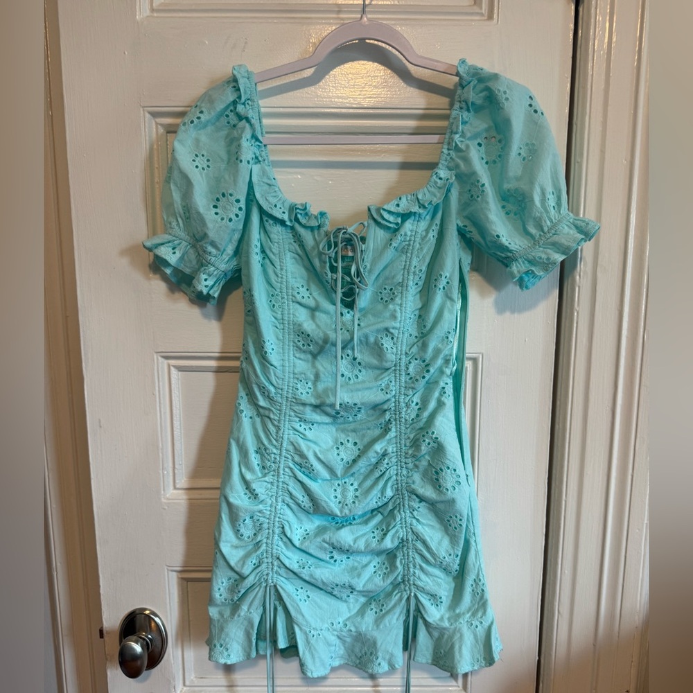 O. Vianca Aqua Eyelet Puff Sleeve Mini Dress Size Small